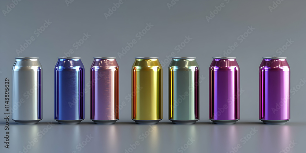 Colorful Metallic Beverage Cans Arranged in a Row on Gray Background Colorful Metallic Beverage Cans Arranged in a Row on Gray Background