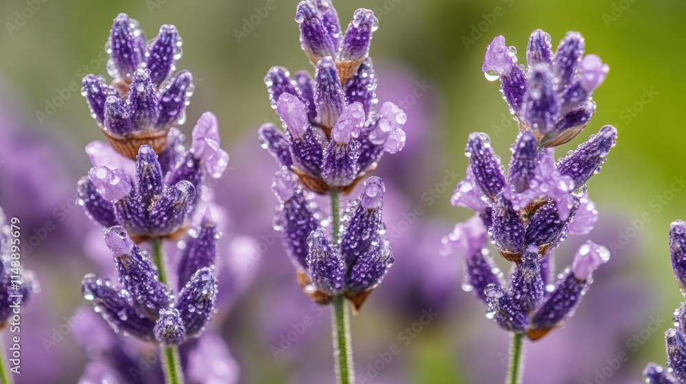 Dew-kissed lavender flowers in soft morning light reveal intricate details of nature's beauty Dew-kissed lavender flowers in soft morning light reveal intricate details of nature's beauty