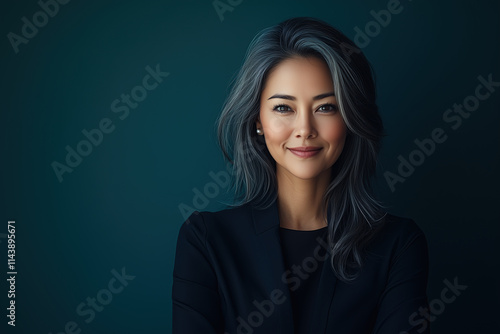 Asian woman in a dark blue suit, with long gray hair and a happy smile, isolated against a deep teal background. Corporate photography.