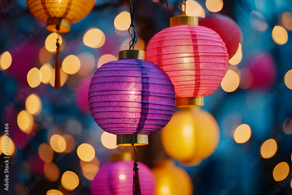Vibrant Paper Lanterns Illuminate Festive Night; Glowing Lights Adorn Colorful Decor Outdoors Vibrant Paper Lanterns Illuminate Festive Night; Glowing Lights Adorn Colorful Decor Outdoors