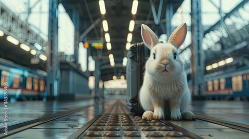 Portrait of an Easter bunny at a train station. Generative AI photo