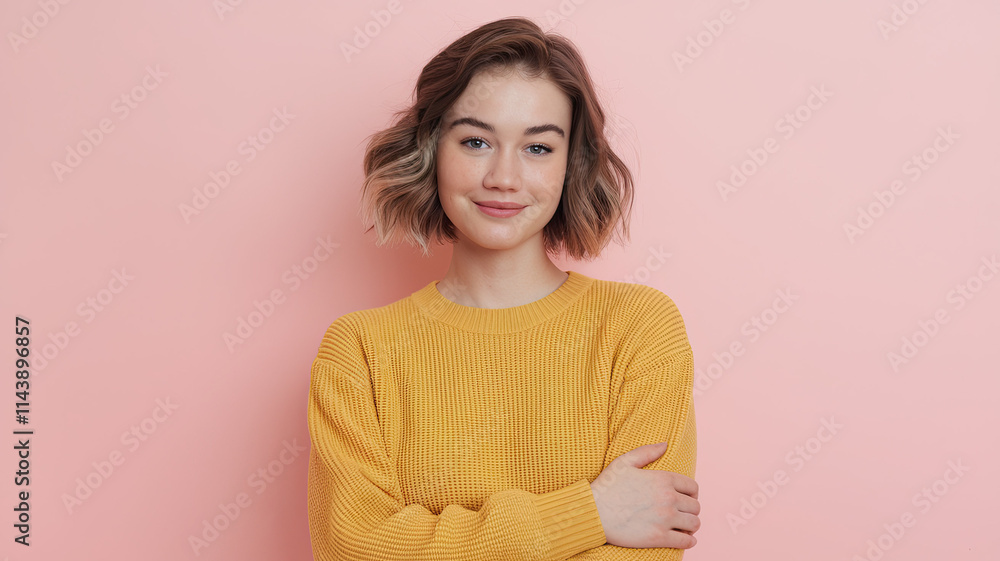 Young woman with short, wavy brown hair, wearing a bright yellow sweater and a gentle smile. She stands with her arms crossed against a pastel pink background, radiating warmth and calm. Young woman with short, wavy brown hair, wearing a bright yellow sweater and a gentle smile. She stands with her arms crossed against a pastel pink background, radiating warmth and calm.