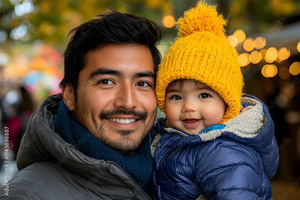 Happy Father and Child in Autumn Setting, Smiling Joyfully Together During Festive Season Happy Father and Child in Autumn Setting, Smiling Joyfully Together During Festive Season