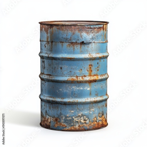 Old rusty blue steel oil barrel isolated on white background photo