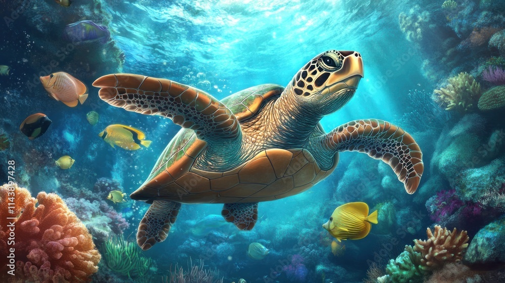 Fototapeta premium Majestic sea turtle gracefully swims amidst vibrant coral reef and colorful fish in sunlit ocean.