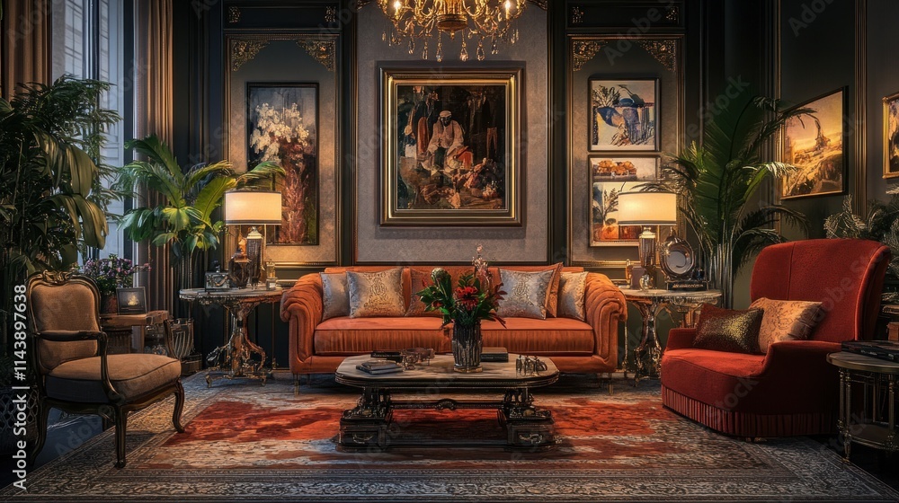 Obraz premium Luxurious living room with ornate furniture, artwork, and plants.
