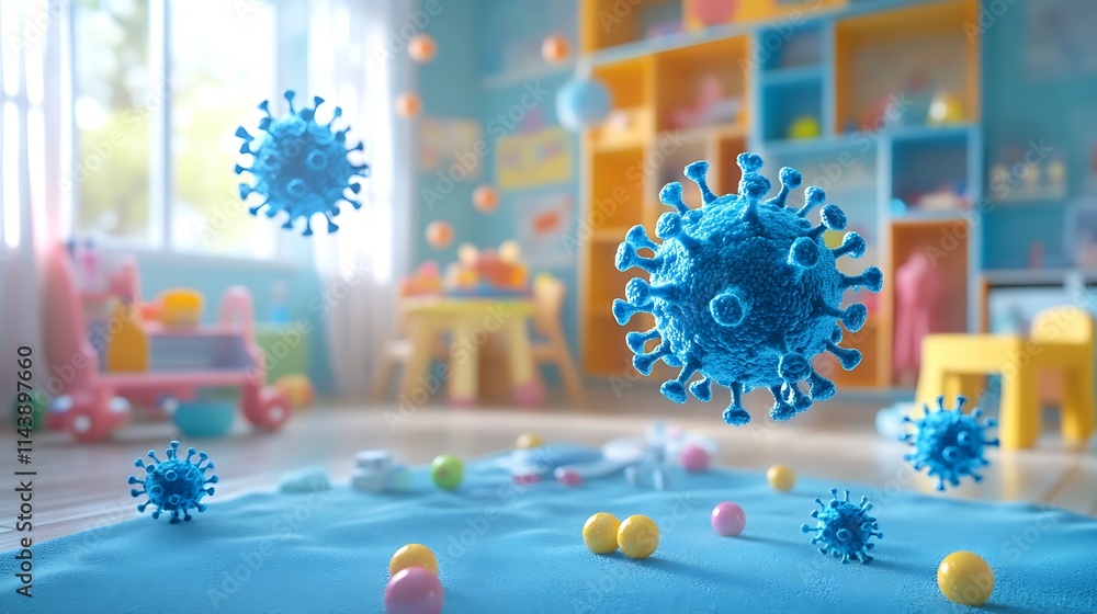 Colorful 3D Representation of Viruses in Playroom with Toys and Soft Surfaces Colorful 3D Representation of Viruses in Playroom with Toys and Soft Surfaces