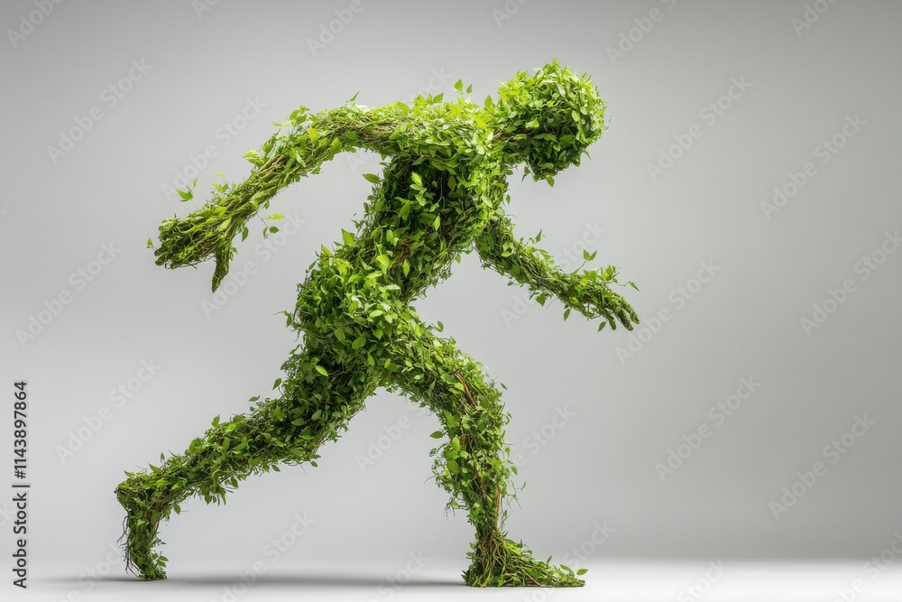 Dynamic Figure Made of Leaves in Motion Representing Nature, Growth, and Environmental Awareness in a Creative and Artistic Style Dynamic Figure Made of Leaves in Motion Representing Nature, Growth, and Environmental Awareness in a Creative and Artistic Style