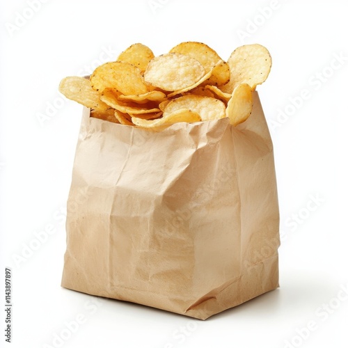 Paper bag of potato chips isolated on white background photo