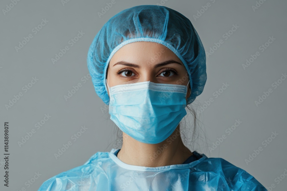 photo of female doctor in uniform standing isolated over grey background with copy space, depth of field photo of female doctor in uniform standing isolated over grey background with copy space, depth of field