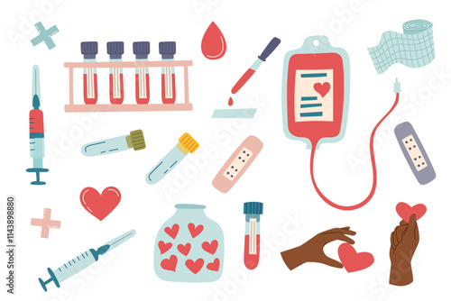 Blood donation concept. Set of medical equipment for blood donation isolated on white. Vector hand drawn cliparts.
