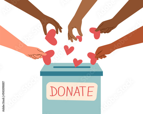 Donation and charity concept banner. Donation box and human hands holding hearts isolated on white. Vector hand drawn clipart.