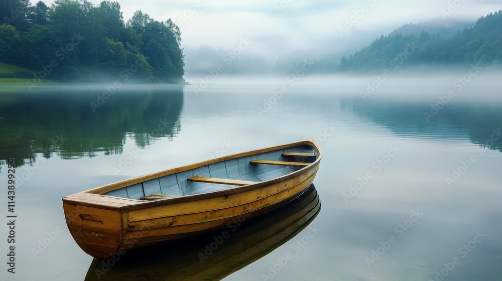 Wooden boat on a still lake with fog in the background Wooden boat on a still lake with fog in the background