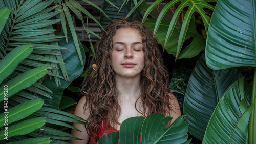 Young woman with curly hair, wearing a red top, surrounded by lush green tropical leaves. With her eyes closed, she appears relaxed or meditative, exuding tranquility and a deep connection with nature photo