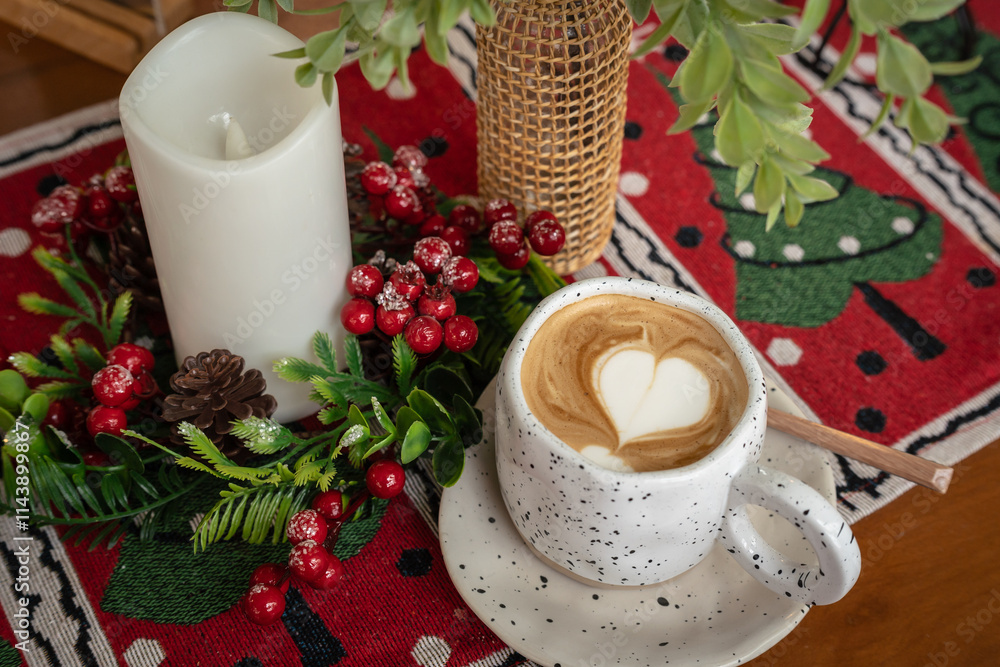 Close up of Hot coffee latte with latte art milk foam in cup mug with Xmas decors and Xmas tree baubles on wood desk Celebrating Merry Christmas and New year,Merry x-mas