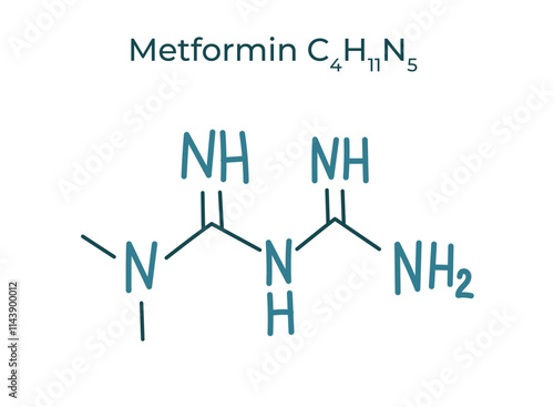Metformin chemical formula isolated on white background. Formula of drug for the treatment of diabetes mellitus. 