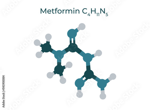 Metformin molecule isolated on white background. A chemical model of a drug for the treatment of diabetes mellitus. Vector hand drawn clipart.
