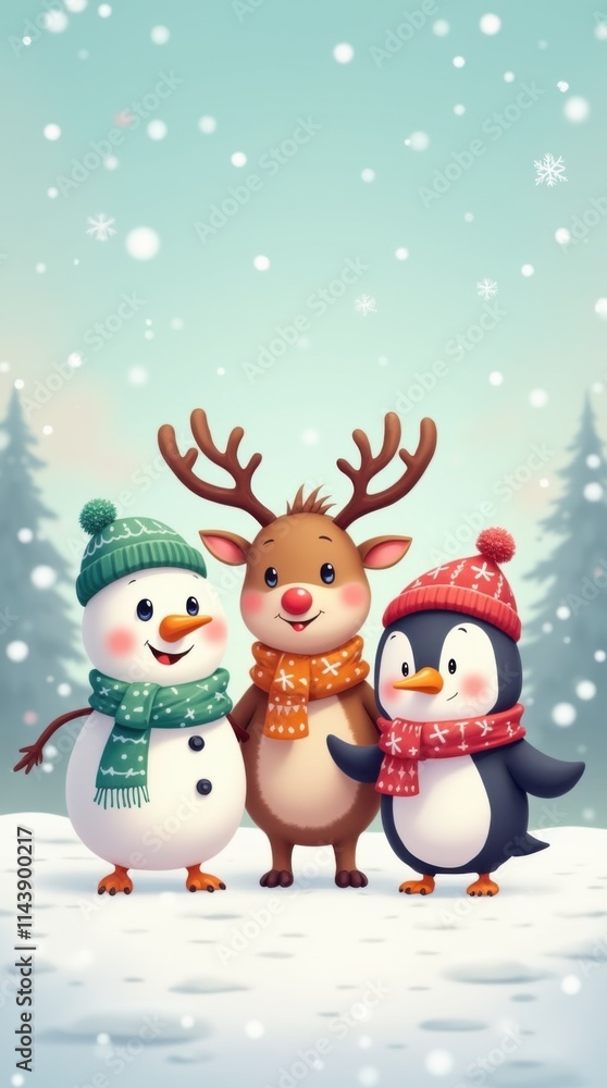 Festive Snowman, Reindeer, and Penguin in Snowy Landscape Festive Snowman, Reindeer, and Penguin in Snowy Landscape