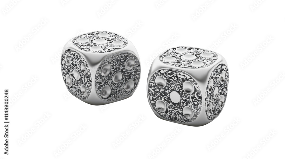 A Stunning Pair of Silver Dice with Intricate Engraved Dots Perfect for Casino-themed Decorations or Board Games. A Stunning Pair of Silver Dice with Intricate Engraved Dots Perfect for Casino-themed Decorations or Board Games.