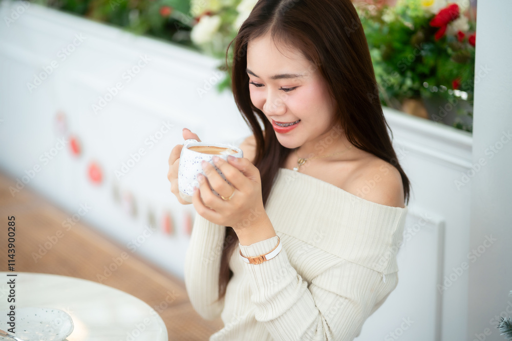 Portrait beautiful asian woman holding of positive the having cup of coffee,milk or chocolate at home in the living room indoors Decoration During Christmas x-mas and New Year holidays.