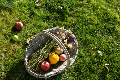 High angle view of fruits and flowers in wicker basket photo