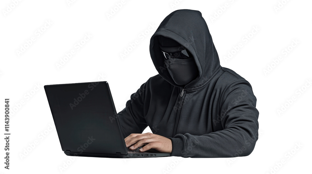 Mysterious Individual in Dark Hoodie Working on Laptop Mysterious Individual in Dark Hoodie Working on Laptop