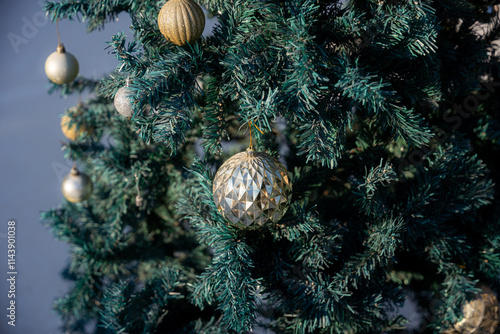 Merry x-mas,Close up of Colorful balls ,gifts box and Christmas greeting picture parcel,bell decoration on Green Christmas tree background Decoration During Christmas and New Year.