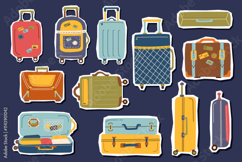 Set of travel suitcases stickers isolated. Concept of family travel, vacation, business trip. Vector hand drawn illustration in flat style.