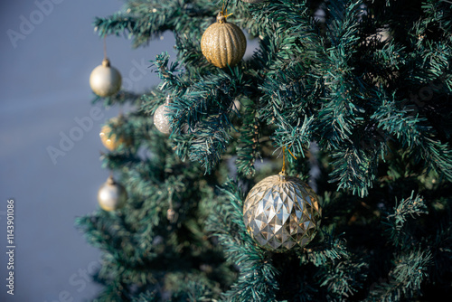 Obraz na płótnie Merry x-mas,Close up of Colorful balls ,gifts box and Christmas greeting picture parcel,bell decoration on Green Christmas tree background Decoration During Christmas and New Year. w salonie
