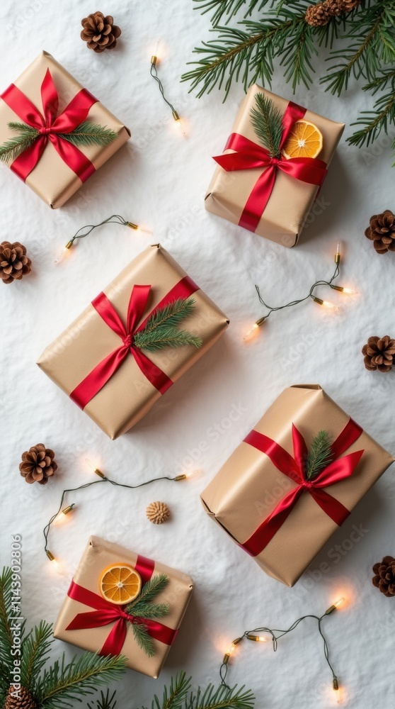 Fototapeta premium Christmas Gifts in Kraft Paper with Red Ribbons