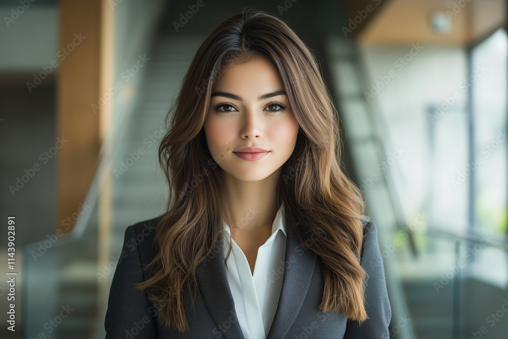 Beautiful business woman in a suit, standing in an office with a blurred background. Professionalism and commitment emanates. Beautiful business woman in a suit, standing in an office with a blurred background. Professionalism and commitment emanates.