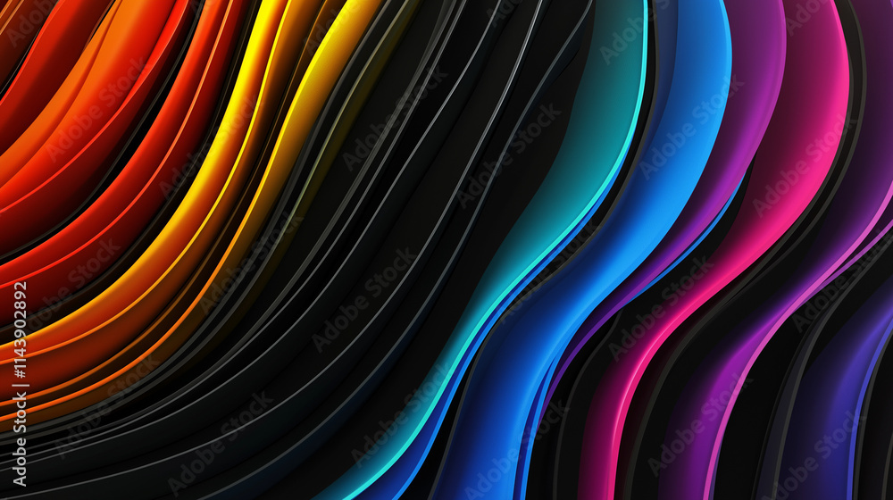 Elegante schwarze Lamellen in Fächerform erstrecken sich über die Fläche. Regenbogenfarbene Akzente setzen dynamische Highlights im Design Elegante schwarze Lamellen in Fächerform erstrecken sich über die Fläche. Regenbogenfarbene Akzente setzen dynamische Highlights im Design
