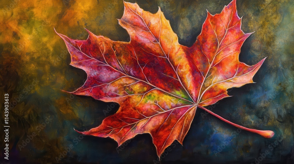 Close-up view of a vibrant maple leaf showcasing autumn colors with rich textures against a dark, blurred background Close-up view of a vibrant maple leaf showcasing autumn colors with rich textures against a dark, blurred background