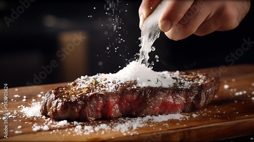 Close up shot of a chef s hand carefully sprinkling sea salt onto a beautifully seared and juicy steak placed on a rustic wooden cutting board photo