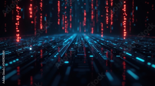 Cascading Neon Code Strings and Futuristic Circuitry