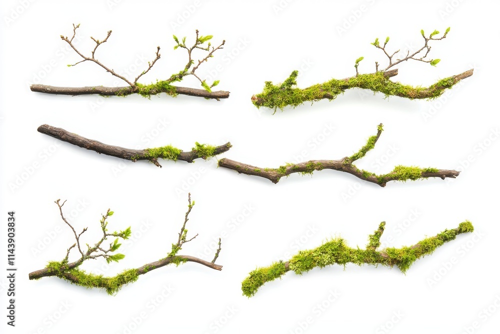 Fototapeta premium Set of moss covered branches isolated on white background