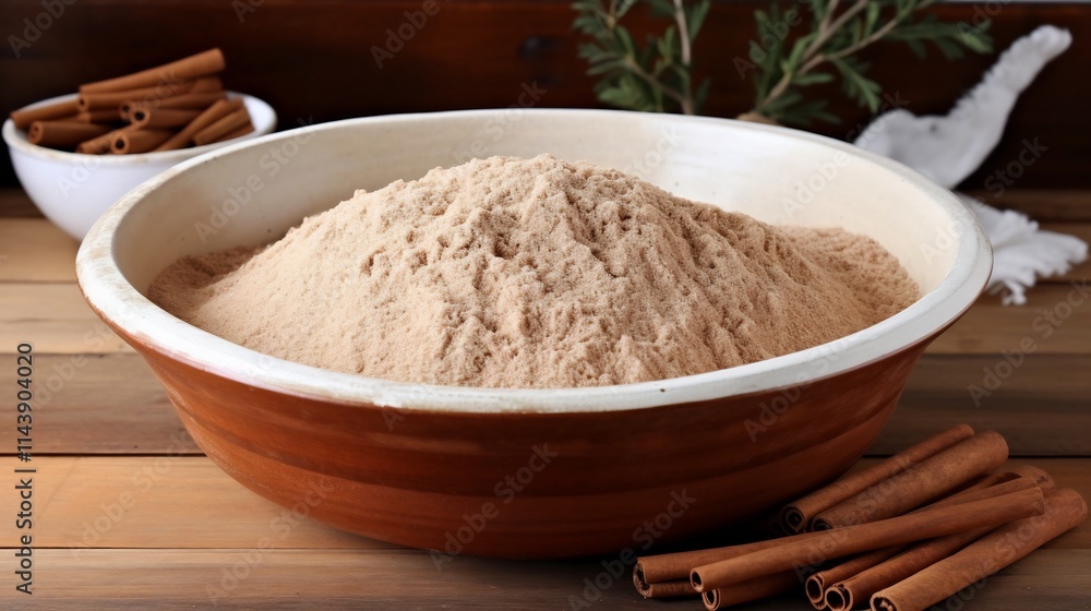 Closeup of a Rustic Wooden Bowl Filled with Raw Sugar and Cinnamon Sticks on a Minimalistic Background Cozy Autumn or Fall Inspired Culinary Arrangement for Baking Cooking or Decor Closeup of a Rustic Wooden Bowl Filled with Raw Sugar and Cinnamon Sticks on a Minimalistic Background Cozy Autumn or Fall Inspired Culinary Arrangement for Baking Cooking or Decor
