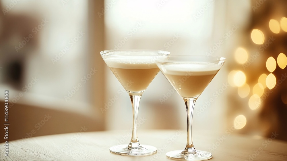 Two elegant glasses of light-colored cocktails sit on a wooden table, exuding a festive and inviting atmosphere. Two elegant glasses of light-colored cocktails sit on a wooden table, exuding a festive and inviting atmosphere.