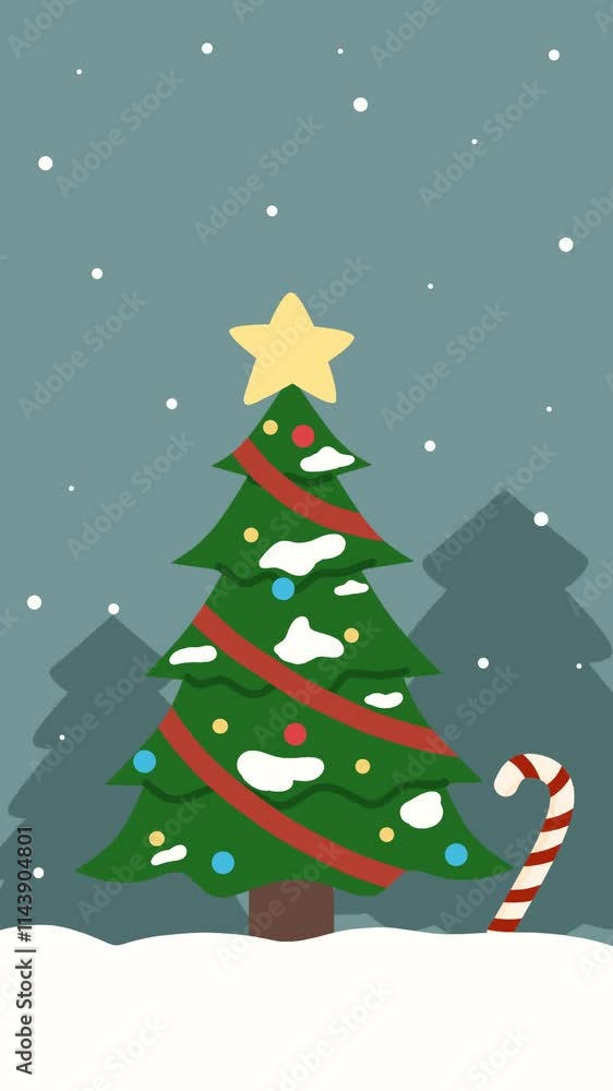 ChristmasAn animated Christmas tree with a star and lights that twinkle. The tree is decorated with snow, ornaments, and a candy cane, set against a serene winter background. ChristmasAn animated Christmas tree with a star and lights that twinkle. The tree is decorated with snow, ornaments, and a candy cane, set against a serene winter background.