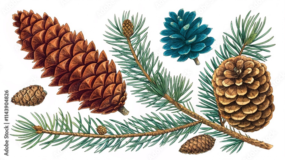 Obraz premium Vintage Botanical Illustration, Pine Cones & Teal Blue Spruce Branch V6