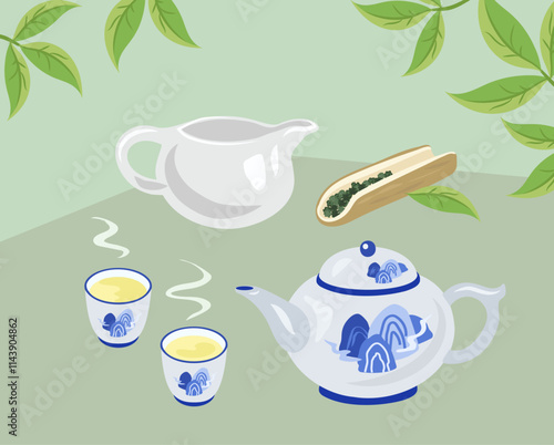 blue chinoiserie tea set and tea ceremony tools.