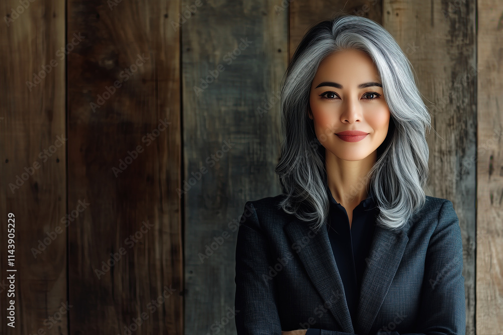 Asian woman in a gray suit with silver hair. Seems like a successful business owner or shareholder. Asian woman in a gray suit with silver hair. Seems like a successful business owner or shareholder.