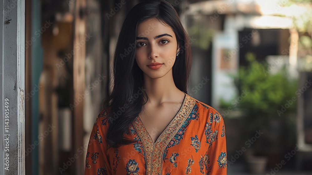 A young South Asian woman in an orange embroidered attire stands confidently in a serene outdoor setting. A young South Asian woman in an orange embroidered attire stands confidently in a serene outdoor setting.