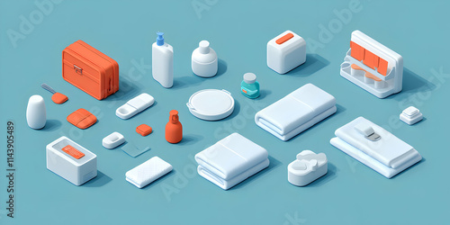 Isometric Illustration, Hotel Amenities, Bathroom Essentials, and Clean Towels Arranged on a Teal Background