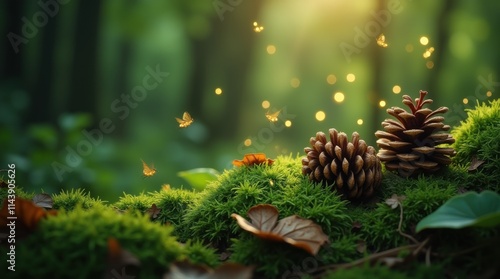 Glowing Fireflies Amidst Mossy Green Leaves and Pinecones photo