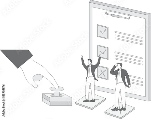 Selection and promotion, hand pressing the button to choose from the crowd