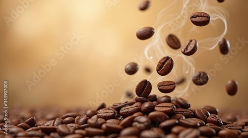 Rich Brown Coffee Beans Tumbling in Coffee Steam