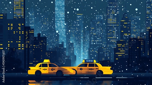 Snowy city night digital painting, two taxis futuristic style artwork. AI Generated photo