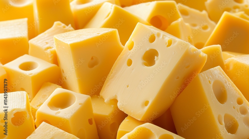 Close-up of swiss cheese cubes, highlighting texture and holes. Close-up of swiss cheese cubes, highlighting texture and holes.