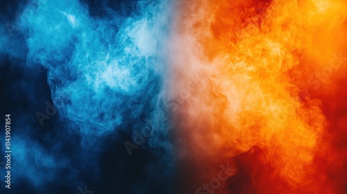 Abstract background with vibrant blue and orange smoke swirling.
